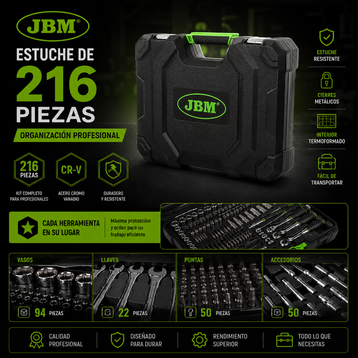 JBM Estuche de Herramientas y vasos hexagonales 216 Piezas