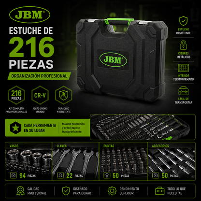 JBM Estuche de Herramientas y vasos hexagonales 216 Piezas