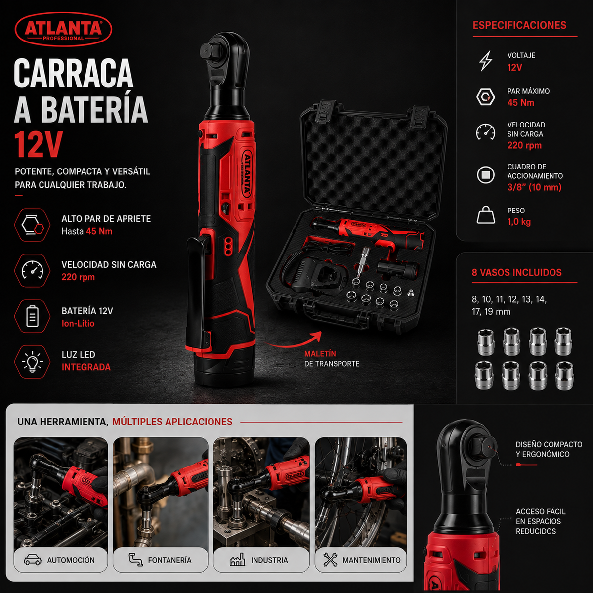 Atlanta Kit Carraca a Batería  y Juego de Vasos| Doble Dirección