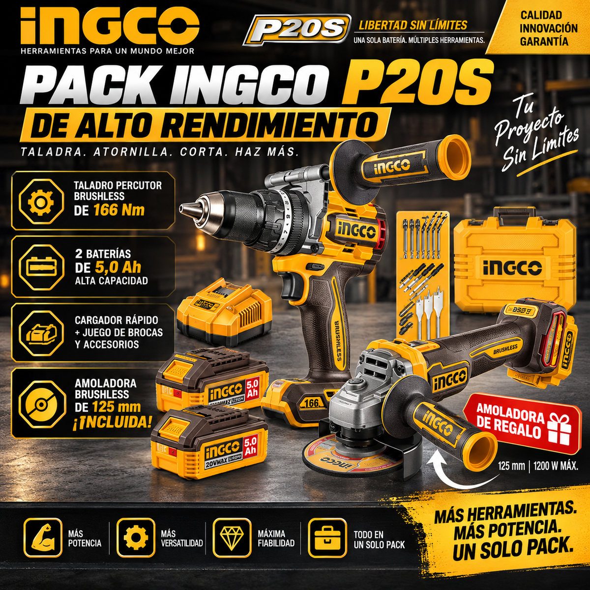 Kit INGCO P20S 20V – Taladro Percutor 166 Nm + Amoladora Brushless + 2 Baterías 5Ah