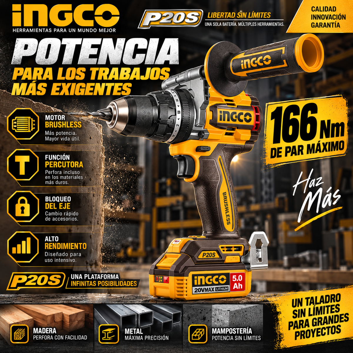 Kit INGCO P20S 20V – Taladro Percutor 166 Nm + Amoladora Brushless + 2 Baterías 5Ah