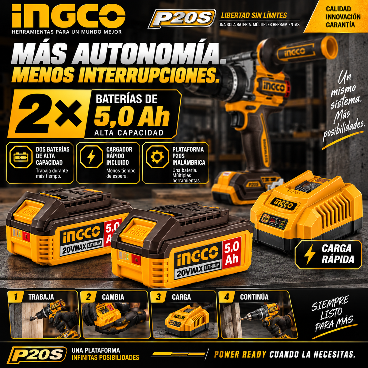 Kit INGCO P20S 20V – Taladro Percutor 166 Nm + Amoladora Brushless + 2 Baterías 5Ah