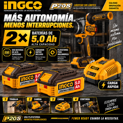 Kit INGCO P20S 20V – Taladro Percutor 166 Nm + Amoladora Brushless + 2 Baterías 5Ah
