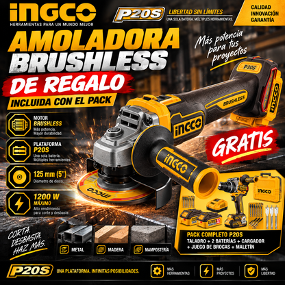 Kit INGCO P20S 20V – Taladro Percutor 166 Nm + Amoladora Brushless + 2 Baterías 5Ah