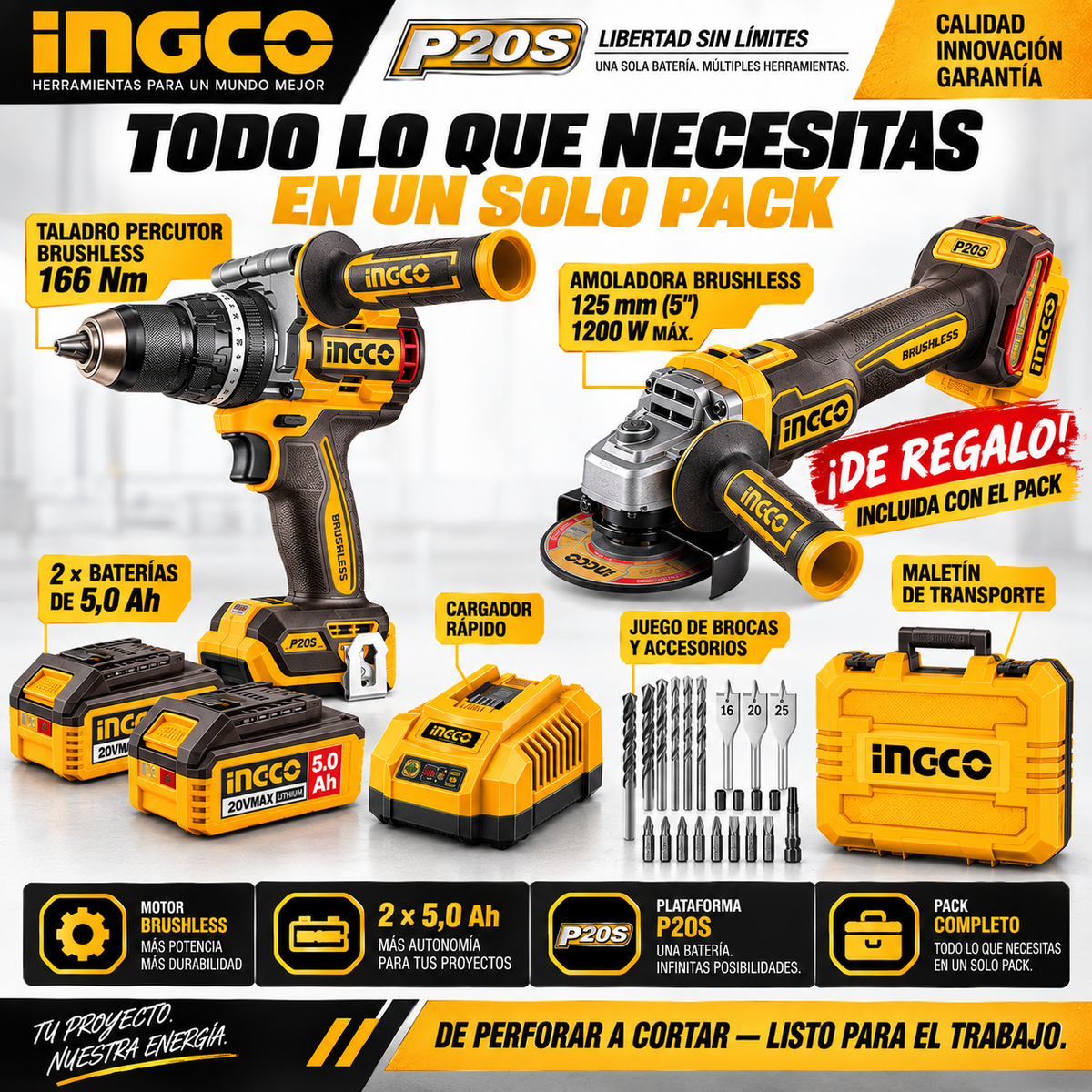 Kit INGCO P20S 20V – Taladro Percutor 166 Nm + Amoladora Brushless + 2 Baterías 5Ah