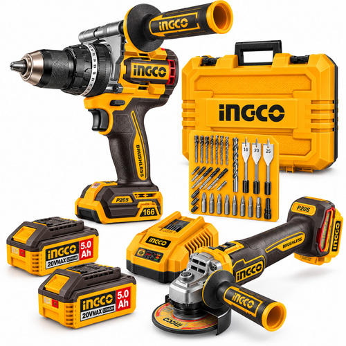 Kit INGCO P20S 20V – Taladro Percutor 166 Nm + Amoladora Brushless + 2 Baterías 5Ah