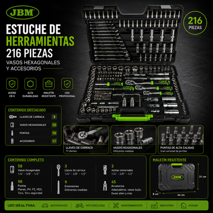 JBM Estuche de Herramientas y vasos hexagonales 216 Piezas