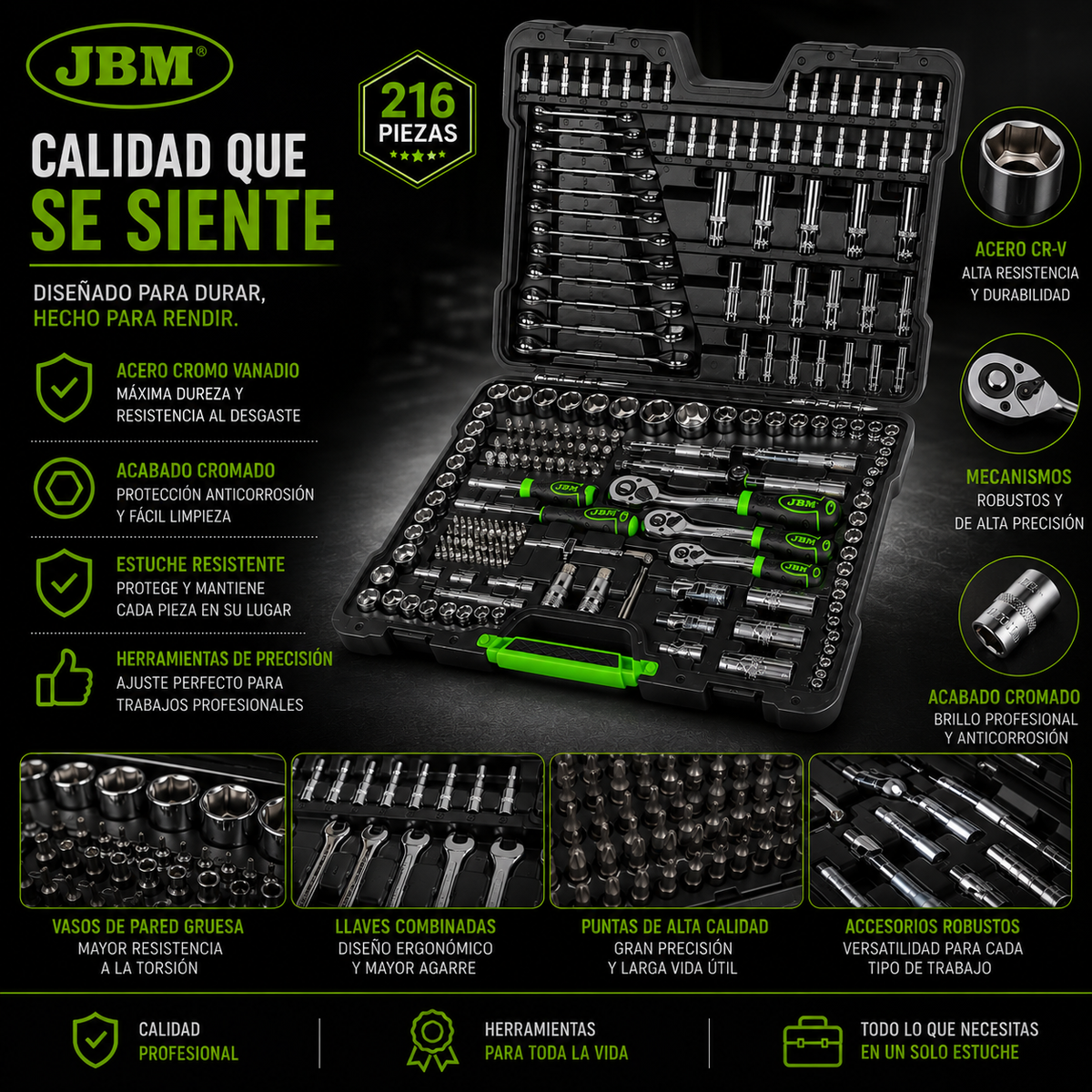 JBM Estuche de Herramientas y vasos hexagonales 216 Piezas